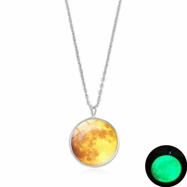 Glow In The Dark Moon Necklace 14mm Galaxy Planet Glass Cabochon Pendant Necklace Silver Chain Luminous 6.jpg 640x640 6