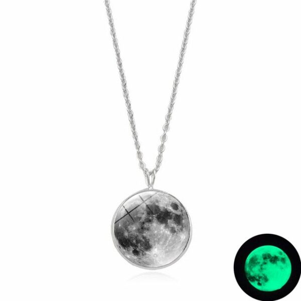 Glow In The Dark Moon Necklace 14mm Galaxy Planet Glass Cabochon Pendant Necklace Silver Chain