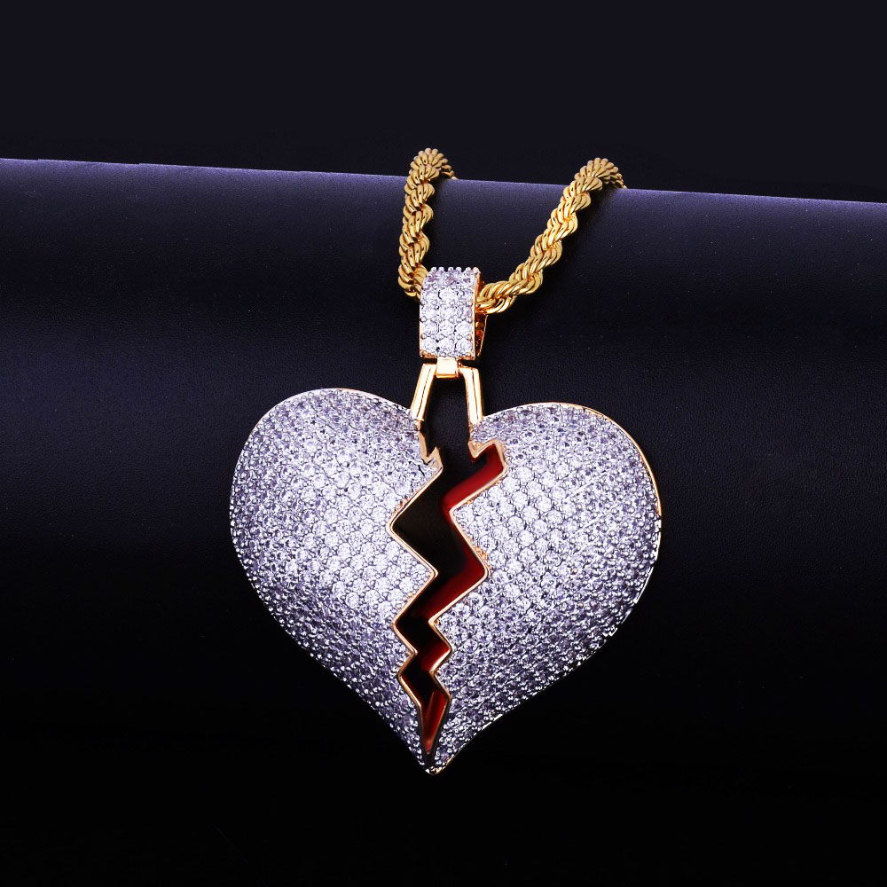 Bubble Heartbreak Pendant Necklace Ice Out Bling Broken Heart Necklace Unisex Hip Hop Jewelry Gift for Her/Him