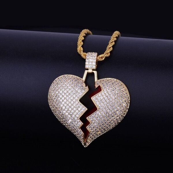Ang Iced Out Solid Broken Heart Necklace Pendant Nga Adunay Tennis Chain Gold Color Bling Cubic Zircon