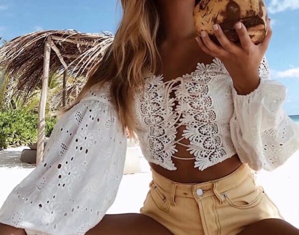 Lily Rosie Girl White Lace Sexy Blouse Off Shoulder Beach Ting-init Crop Top Hollow Out Babae 1 e1547284216884