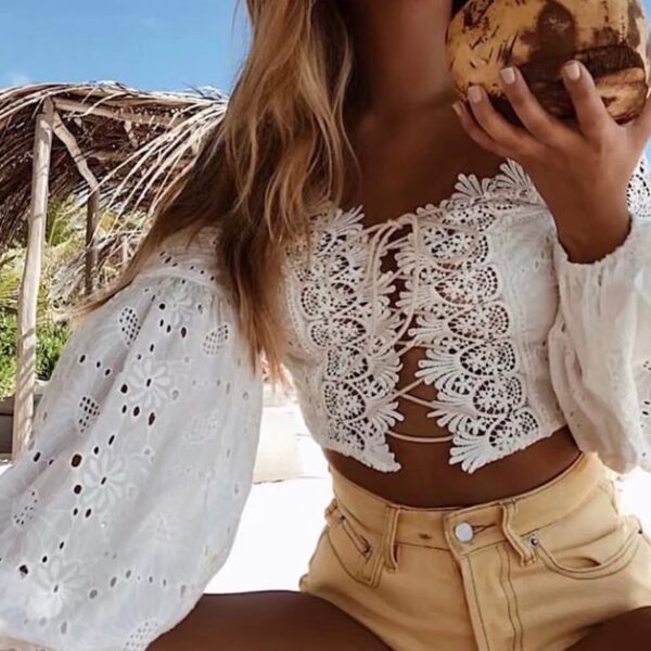 Lily Rosie Girl White Lace Sexy Blouse Off Shoulder Beach Summer Crop Top Hollow Out Female 1 e1547284216884