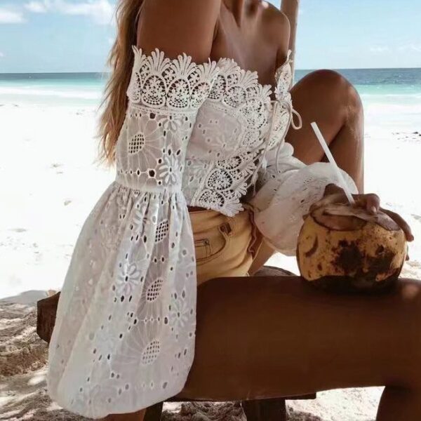 Lily Rosie Girl White Lace Sexy Blouse Off Shoulder Beach Summer Crop Top Hollow Out Female 2 e1547284186172