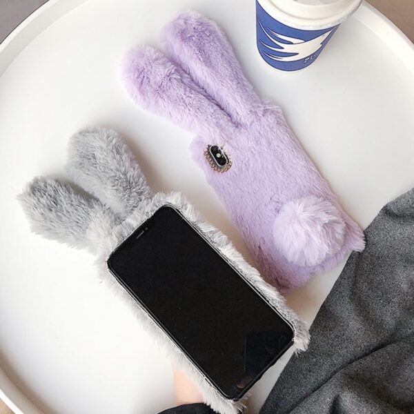 Nindot nga Rabbit Ears Fur Plush Phone Case Para sa iPhone X XR XS Max 7 8 Plus 15