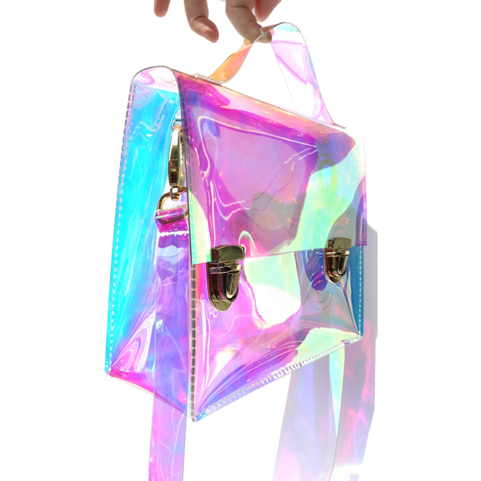 Women Holographic Bag Clear Transparent Small Tote Hologram Handbag Purse LJSF 