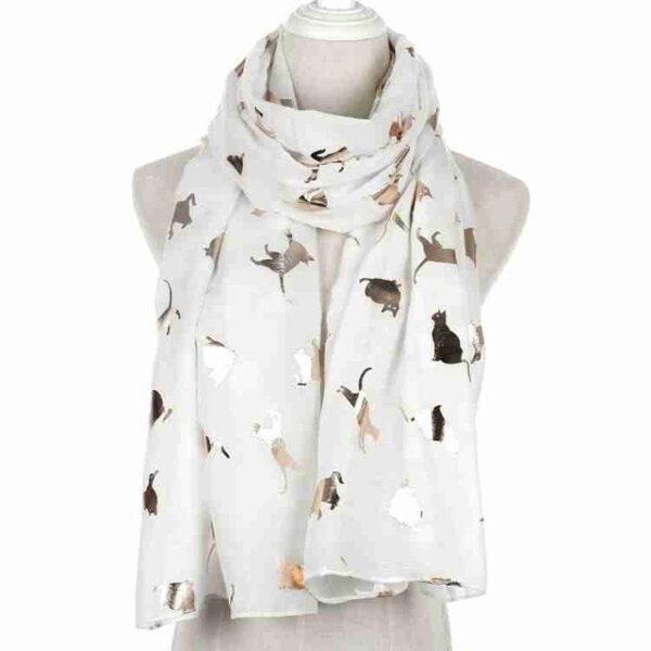 Winfox Fashion Black Pink Grey Navy Scarf Wanita Female Mengkilap Foil Emas Metallic Cat Scarf