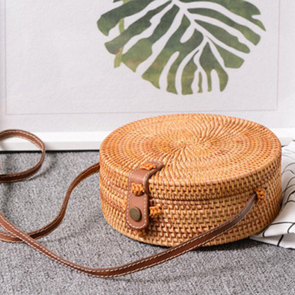 Bali ojoun agbelẹrọ Crossbody Alawọ Bag Yika Beach Bag Girls Circle Rattan apo Kekere Bohemian ejika 5