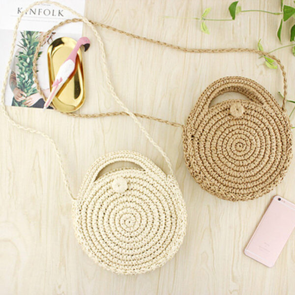 FGGS Round Paper rope Beach Bag Summer mini Vintage Handmade Crossbody straw Bag Girls Circle Rattan