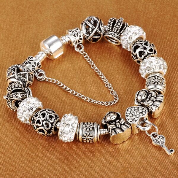 HOMOD Authentic Silver Plated 925 Crown Beads Key Crystal Heart Charm Bracelet Fits Pandora Bracelet Rau 1