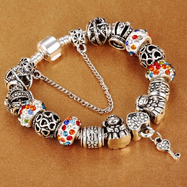 HOMOD Authentic Silver Plated 925 Crown Beads Key Crystal Heart Charm Bracelet Fits Pandora Bracelet For 2