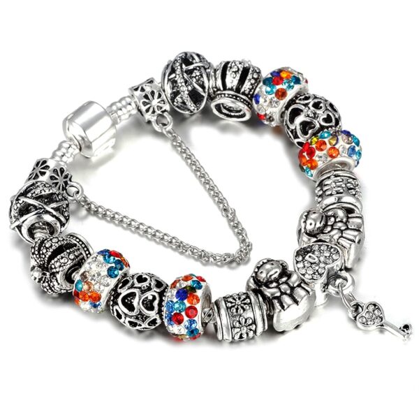 HOMOD Authentic Silver Plated 925 Crown Beads Key Crystal Heart Charm Bracelet Fits Pandora Bracelet For 3