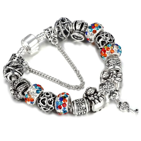 HomoD Authentic Silver Plated 925 Crown Beads Key Crystal Heart Charm Bracelet Fits Pandora Bracelet No 3