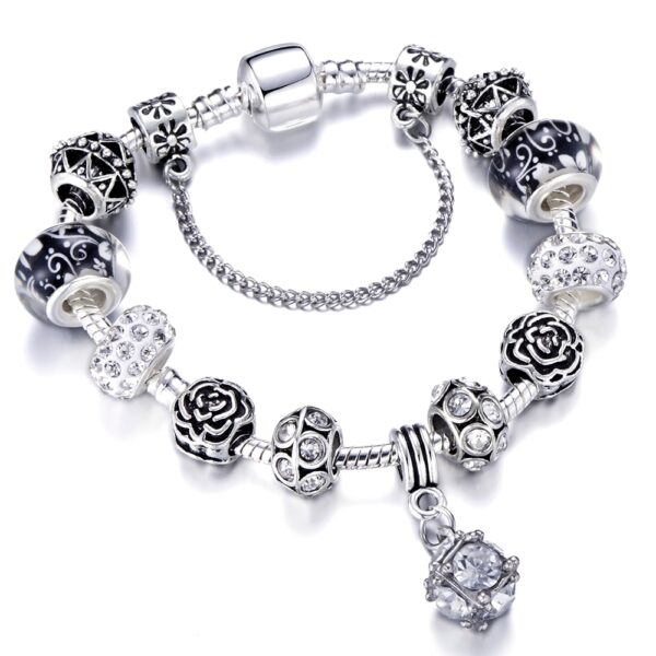 HomoD Authentic Silver Plated 925 Crown Beads Key Crystal Heart Charm Bracelet Fits Pandora Bracelet No 4