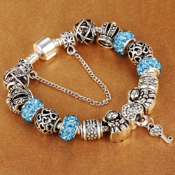 HOMOD Authentic Silver Plated 925 Crown Beads Key Crystal Heart Charm Bracelet Fits Pandora Bracelet For