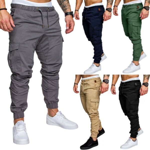 Mens Multi pocket Cargo Pants Elastic Waist Hip Hop Fitness Pants Solid Color Casual Trousers 2