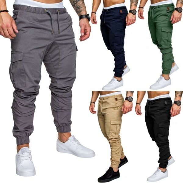 Mga Lalaki nga Daghang bulsa nga Cargo Pants Elastic Waist Hip Hop Fitness Pants Solid Color Casual Trousers 2