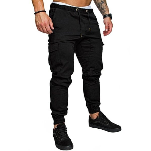 Mens Multi pocket Cargo Pants Elastic Waist Hip Hop Fitness Pants Solid Color Casual