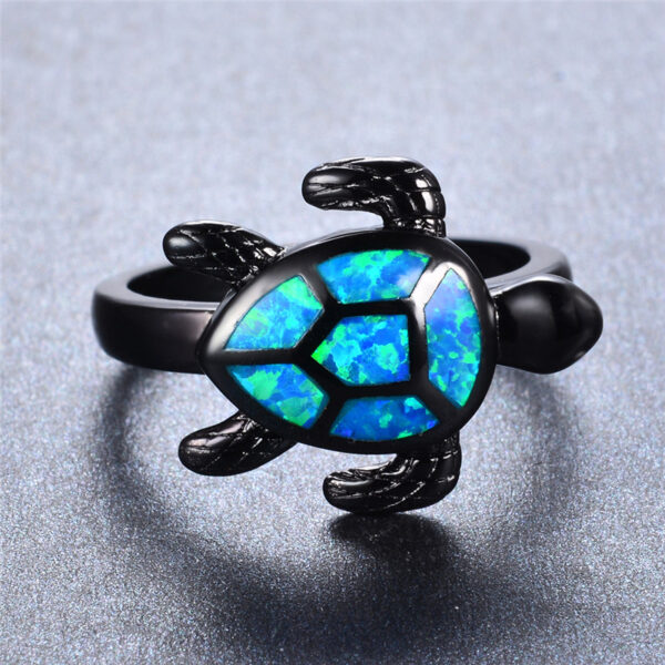 Unique Turtle Blue Fire Opal Animal Rings For Women Wedding Band Fashion Jewelry Vintage Black Gold 2