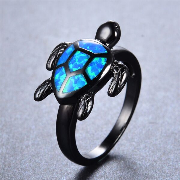 Unique Turtle Blue Fire Opal Animal Rings For Women Wedding Band Fashion Jewelry Vintage Black Gold 3