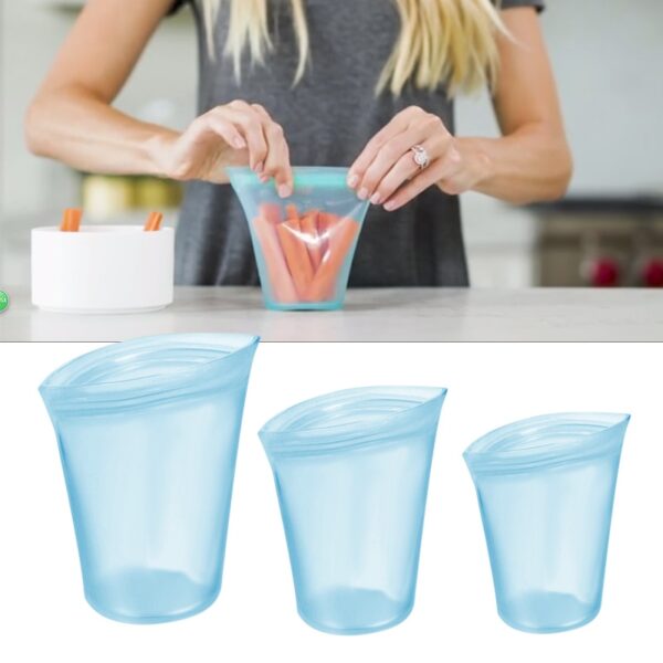 3 Pcs Reusable Silicone Food Storage Bags Zip Top Leakproof Containers Stand Up Zip Shut Bag