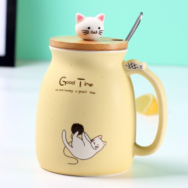 Creative color cat heat resistant Mug cartoon with lid 450ml cup kitten coffee ceramic mugs children 2