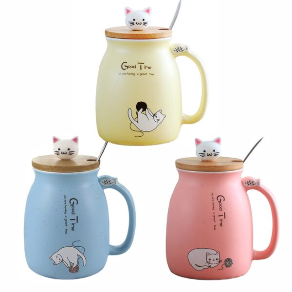 Creative color cat heat resistant Mug cartoon with lid 450ml cup kitten coffee ceramic mugs children 5