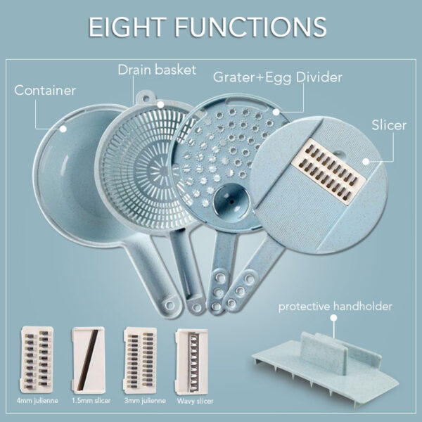 Mandoline Slicer legioma Slicer Ovy Peeler Carrot Onion Grater miaraka amin'ny Strainer Vegetable Cutter 8 in 1 2