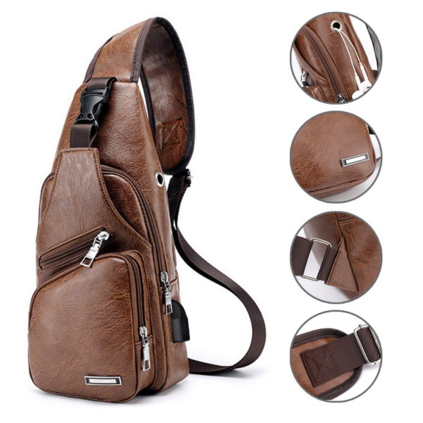 MoneRffi Men's Chest Bag Mga Lalaki Leather Chest Pack USB Backbag Uban sa Headphone Hole Functional Travel 2