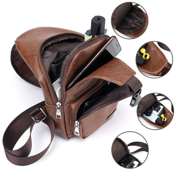 MoneRffi Men s Chest Bag Men Leather Chest Pack USB Backbag With Headphone Hole Functional Travel 3