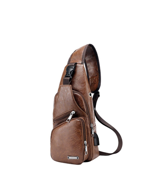 MoneRffi Men's Chest Bag Mga Lalaki Leather Chest Pack USB Backbag Uban sa Headphone Hole Functional Travel 6