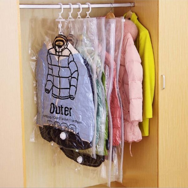 NEW Hanging Transparent Vacuum Storage Bag Closet Space Save Organizer Holders Foldable Bags Pack Clothing of 1