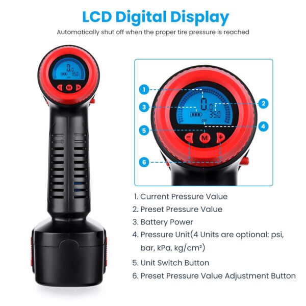 12V 130PSI Cordless Handheld Air Inflatable Pump Car Tyre Inflator LCD Digital with Rechargeable Battery For 2