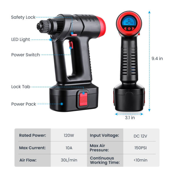 12V 130PSI Cordless Handheld Air Inflatable Pump Car Tyre Inflator LCD Digital with Rechargeable Battery For 4 1