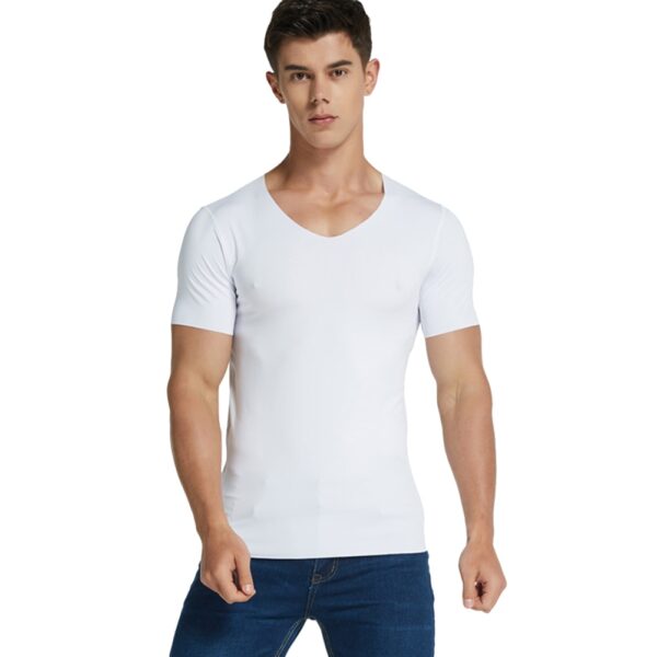 Men Ice Silk Quick Dry T shirt Short Sleeve V Neck Solid Color Seamless Breathable Top 2