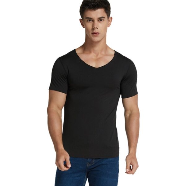 Men Ice Silk Quick Dry T shirt Short Sleeve V Neck Solid Color Seamless Breathable