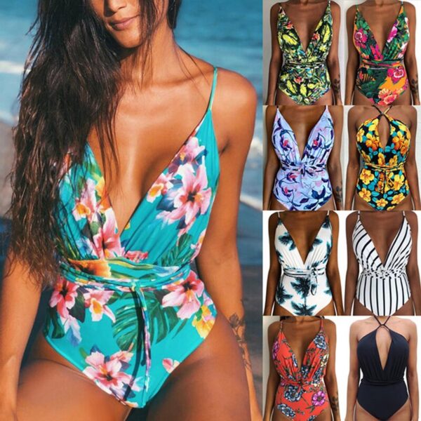 2019 New Women Sexy Print Brazilian One Piece Swimsuit Floral Retro Thong High Waist Bodysuit Backless 1