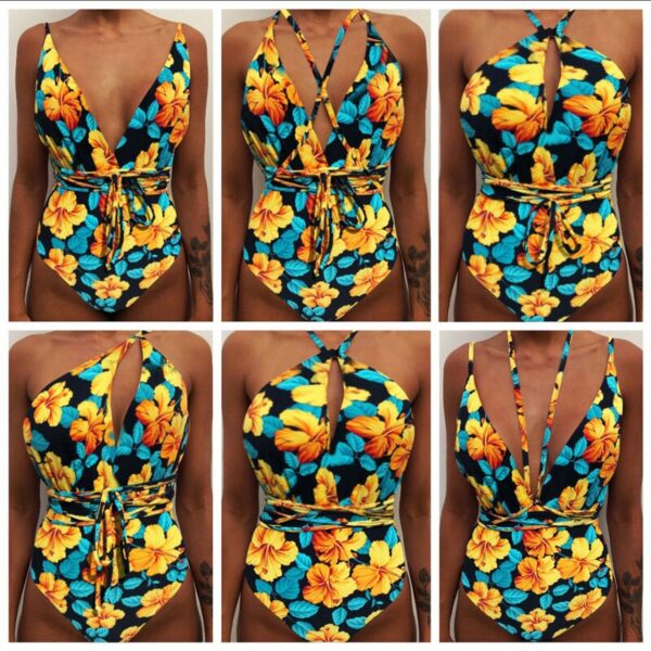 2019 New Women Sexy Print Brazilian One Piece Swimsuit Floral Retro Thong High Waist Bodysuit Backless 3