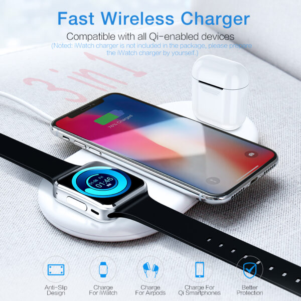 3 in 1 Qi Wireless Charger Plate ho an'ny iPhone XR XS Max 8 Plus Apple Watch 1