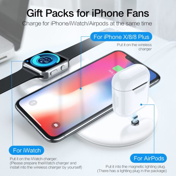 3 in 1 Qi ವೈರ್‌ಲೆಸ್ ಚಾರ್ಜರ್ ಪ್ಲೇಟ್‌ಗಾಗಿ iPhone XR XS Max 8 Plus Apple ವಾಚ್ 3