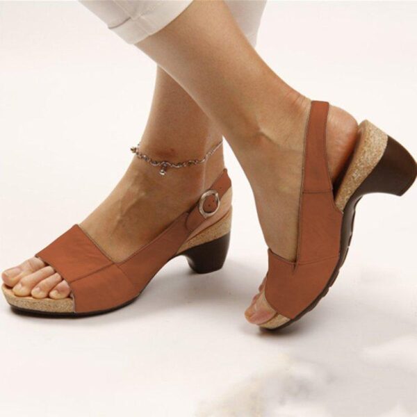 PU leather women roman sandals chunky mid heels vintage ladies shoes summer sexy open toe platform 1