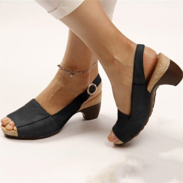 PU leather women roman sandals chunky mid heels vintage ladies shoes summer sexy open toe platform 2
