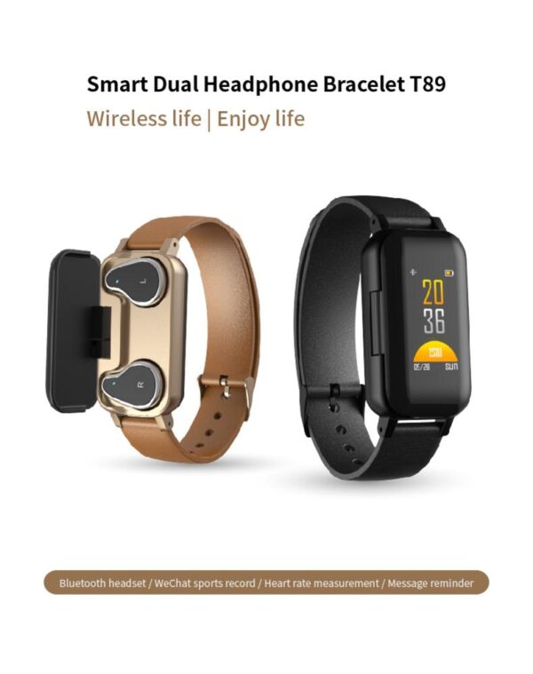 T89 Smart Bracelet Fitness Tracker TWS Wireless Headset Bluetooth 5 0 Earphones Heart Rate Monitor IP67