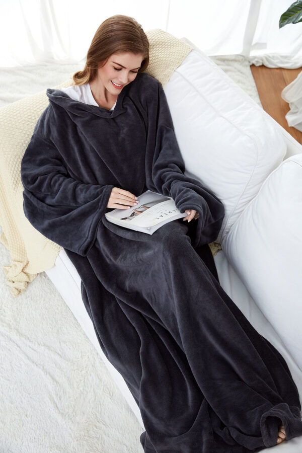 Long Fleece Blanket with Sleeves Wearable Blanket Adult Cozy Soft Warm Functional