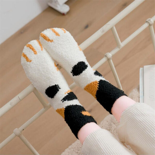 1 pair of plush coral fleece socks female tube socks autumn and winter cat claws cute 1