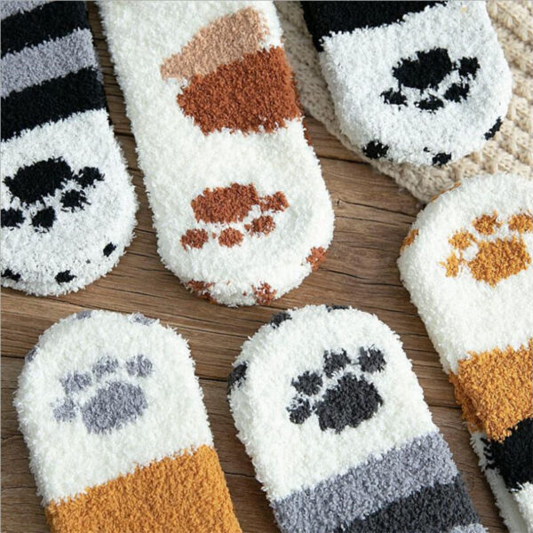 1 pair of plush coral fleece socks female tube socks autumn and winter cat claws cute 2