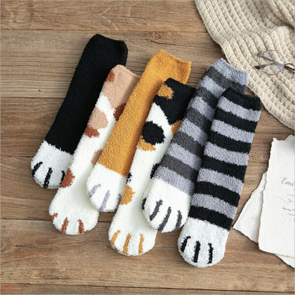 1 pair of plush coral fleece socks female tube socks autumn and winter cat claws cute 3