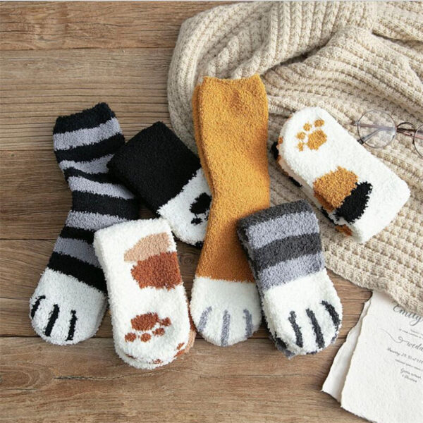 1 pair of plush coral fleece socks female tube socks autumn and winter cat claws cute