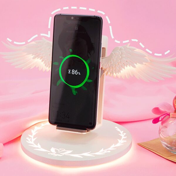 10W Wireless Charger Angel Wings Night Light โทรศัพท์มือถือที่ชาร์จไร้สายสำหรับ Android Apple USB Fast