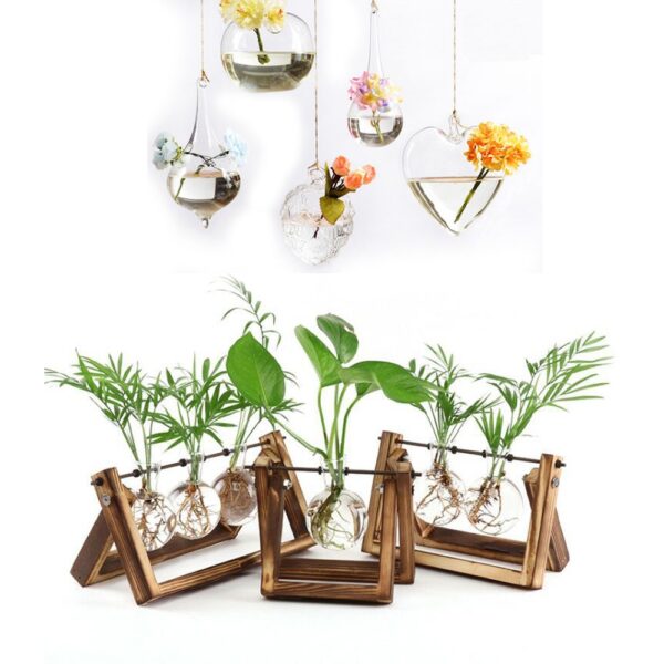 2018 Creative Wooden Stand Glass Terrarium Container Hydroponics Planter Flower Pot Tabletop Vase DIY Home Office 1