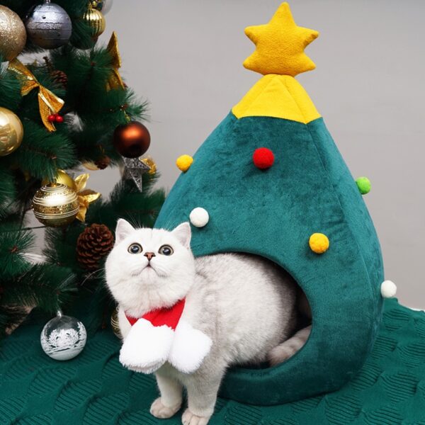 Green Christmas Cat Felt Cave Bed Tree Shape Semi Closed Pet Nest Cats Pets House Winter 1